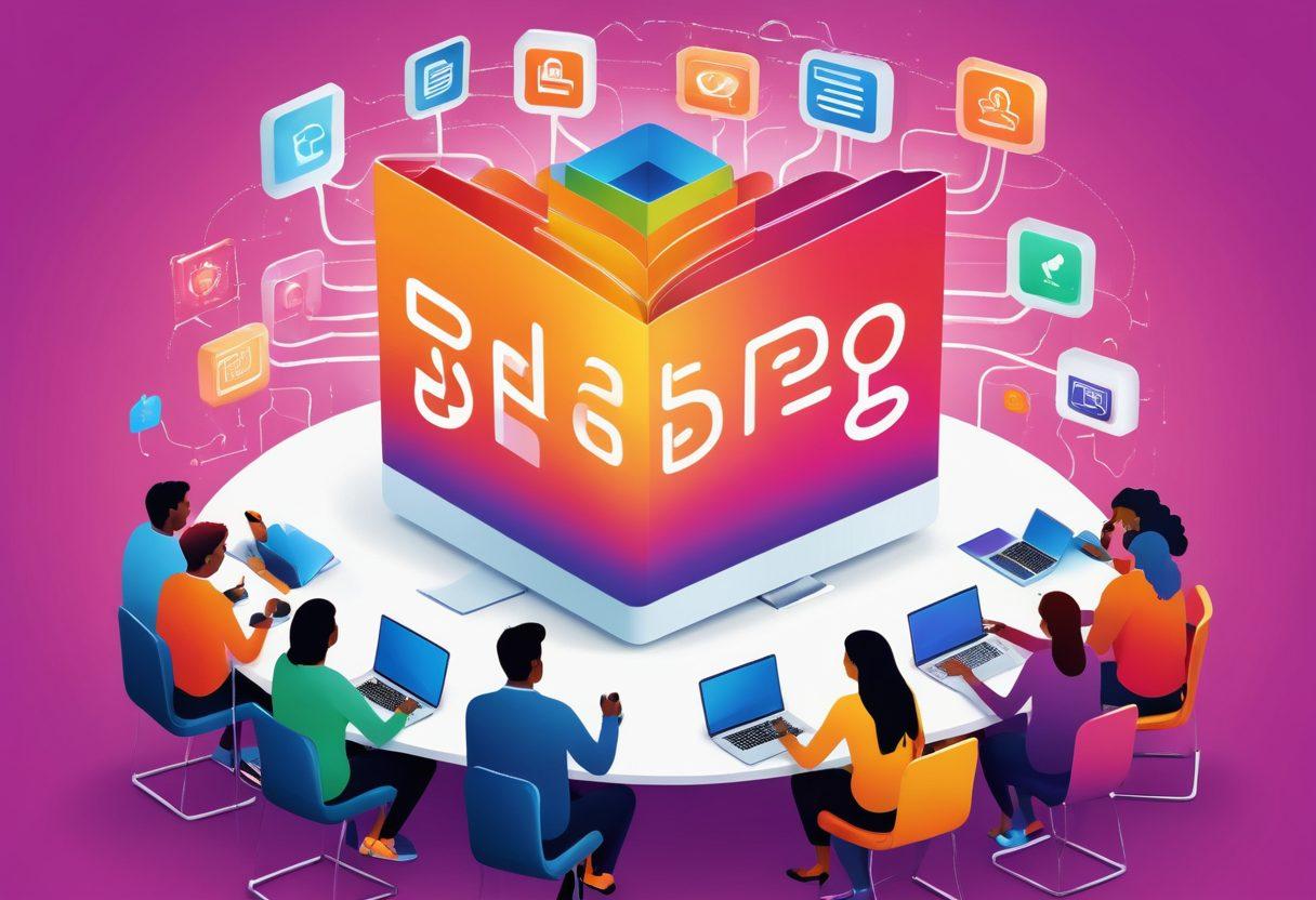 A vibrant illustration of a diverse group of people collaborating around a large, glowing blog post icon, representing connection and community. Elements like laptops, coffee cups, and networking symbols radiate from the central icon, showcasing engagement and creativity. The background features a digital landscape with various blog themes and topics emerging from the ground. super-realistic. bright colors. dynamic composition.