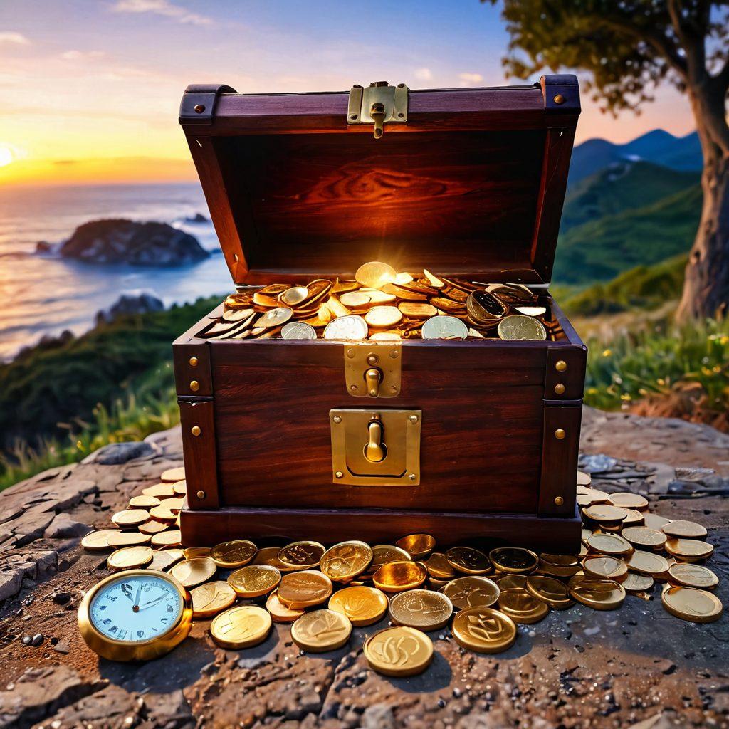 An open treasure chest spilling out golden coins symbolizing blog success, surrounded by glowing lightbulbs representing innovative ideas. In the background, a serene landscape with a winding path leading to a digital world, symbolizing online presence growth. Add subtle gears and clocks as symbols of time management and strategy. super-realistic. vibrant colors. dramatic lighting.