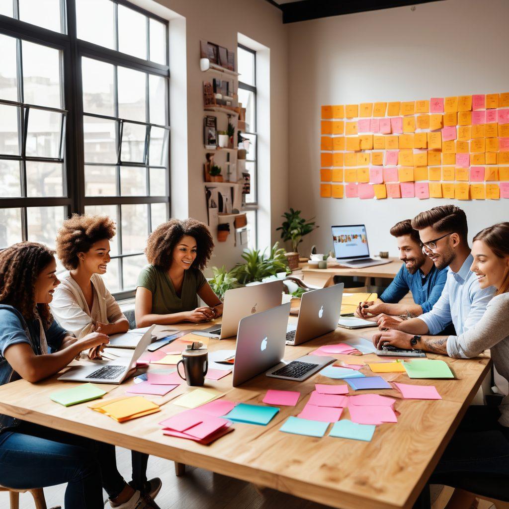 A vibrant and dynamic scene featuring a diverse group of aspiring influencers collaborating around a large table filled with laptops and coffee cups, brainstorming ideas for their blogs. Include colorful sticky notes and inspirational quotes on the wall, showcasing unity and creativity in a modern workspace. The background should depict an open window with sunlight streaming in, symbolizing growth and opportunity. super-realistic. vibrant colors. modern style.
